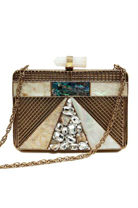 The Tan Clan_Gold Crystals, Gemstones Dina Brass Clutch _at_Aza_Fashions