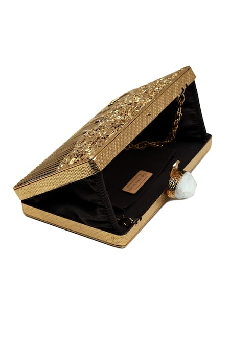 Shop_The Tan Clan_Gold Stones Nayla Brass Clutch _Online_at_Aza_Fashions