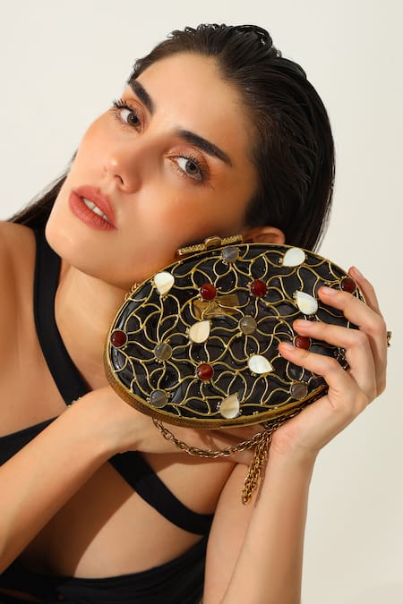 Shop_The Tan Clan_Gold Gemstones, Rhea Brass Clutch _Online_at_Aza_Fashions