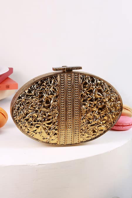 Shop_The Tan Clan_Gold Gemstones, Rhea Brass Clutch _at_Aza_Fashions