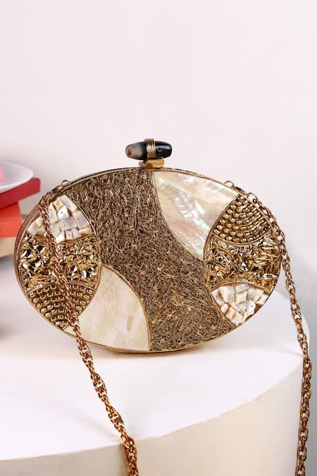 The Tan Clan Gold Beads, Stones Tracy Brass Clutch 