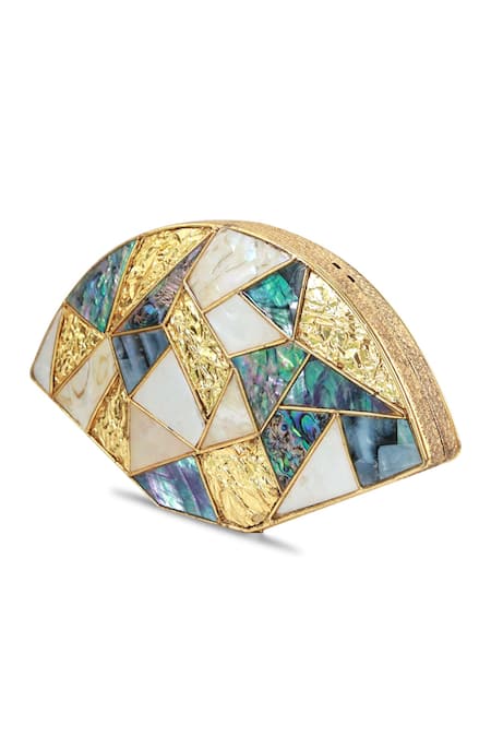 Shop_The Tan Clan_Multi Color Gemstones, Metallic Thread Quinn Multicolor Brass Clutch _Online_at_Aza_Fashions