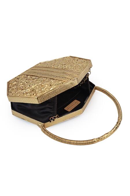 The Tan Clan_Gold Gemstones, Alira Brass Clutch With Handle _Online_at_Aza_Fashions