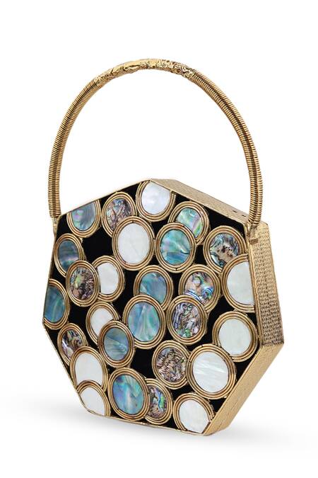 The Tan Clan_Gold Gemstones, Alira Brass Clutch With Handle _at_Aza_Fashions