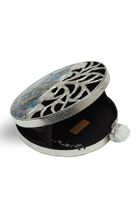The Tan Clan_Silver Gemstones, Metallic Thread Elfy Brass Clutch _Online_at_Aza_Fashions
