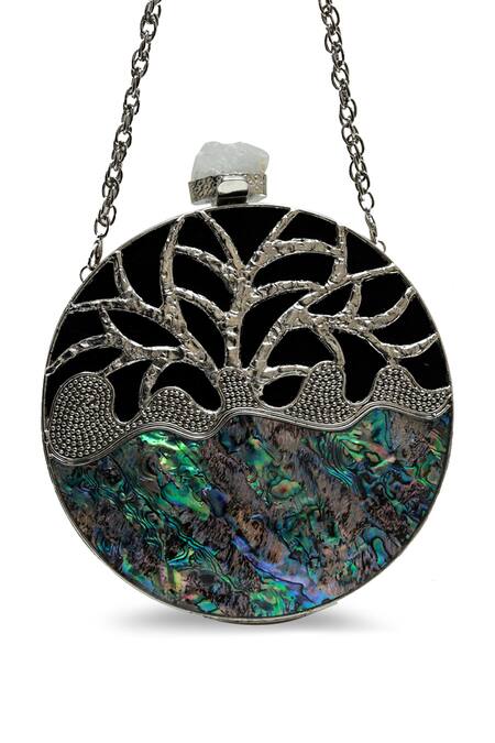 Buy_The Tan Clan_Silver Gemstones, Metallic Thread Elfy Brass Clutch _Online_at_Aza_Fashions