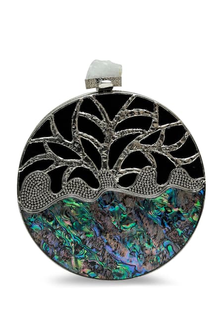 Shop_The Tan Clan_Silver Gemstones, Metallic Thread Elfy Brass Clutch _Online_at_Aza_Fashions