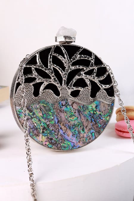The Tan Clan Silver Gemstones, Metallic Thread Elfy Brass Clutch 