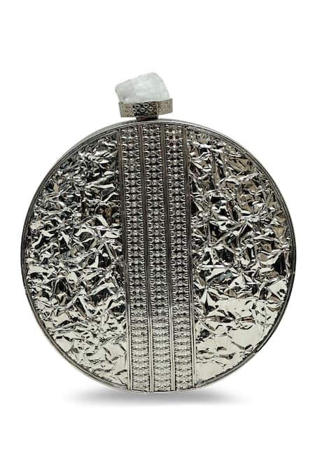 The Tan Clan_Silver Gemstones, Metallic Thread Elfy Brass Clutch _at_Aza_Fashions