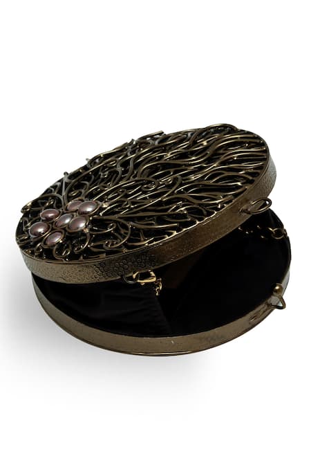 Buy_The Tan Clan_Black Pearls, Stones Vana Brass Clutch _Online_at_Aza_Fashions