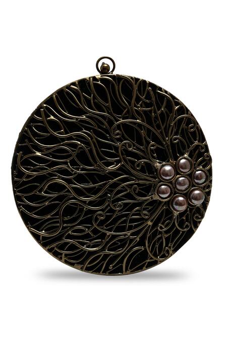 Shop_The Tan Clan_Black Pearls, Stones Vana Brass Clutch _Online_at_Aza_Fashions