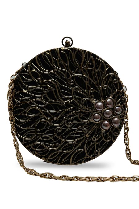 The Tan Clan_Black Pearls, Stones Vana Brass Clutch _at_Aza_Fashions