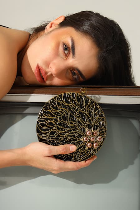 Buy The Tan Clan Black Pearls, Stones Vana Brass Clutch Buy_The Tan Clan_Black Pearls, Stones Vana Brass Clutch