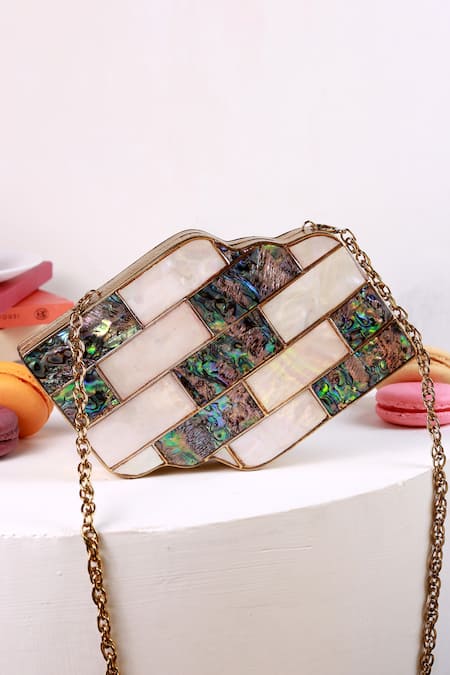 The Tan Clan Gold Gemstones, Pearls Jean Mother Of Brass Clutch 