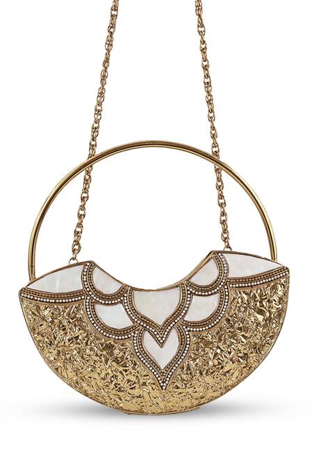 The Tan Clan_Gold Pearls, Beads, Rhinestones Sasha Brass Clutch With Handle _Online_at_Aza_Fashions