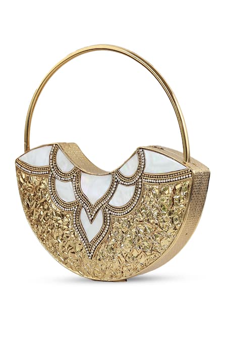 Buy_The Tan Clan_Gold Pearls, Beads, Rhinestones Sasha Brass Clutch With Handle _Online_at_Aza_Fashions