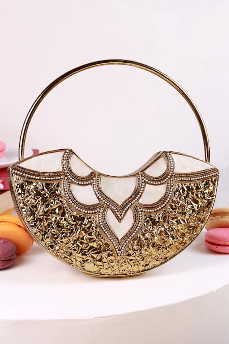 The Tan Clan Gold Pearls, Beads, Rhinestones Sasha Brass Clutch With Handle 