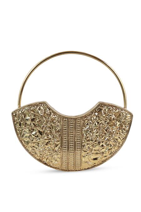 The Tan Clan_Gold Pearls, Beads, Rhinestones Sasha Brass Clutch With Handle _at_Aza_Fashions