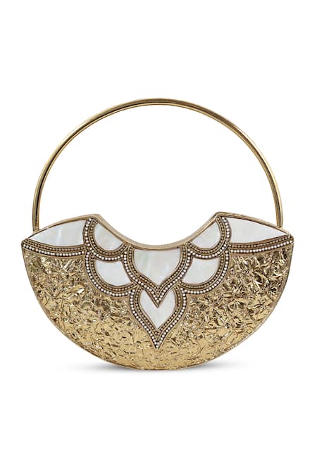 Buy_The Tan Clan_Gold Pearls, Beads, Rhinestones Sasha Brass Clutch With Handle 