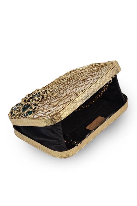 The Tan Clan Gold Gemstones, Metallic Thread Zen Brass Clutch Online at Aza Fashions The Tan Clan_Gold Gemstones, Metallic Thread Zen Brass Clutch _Online_at_Aza_Fashions