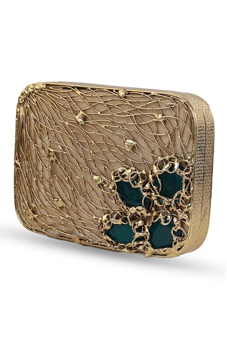 The Tan Clan Gold Gemstones, Metallic Thread Zen Brass Clutch at Aza Fashions The Tan Clan_Gold Gemstones, Metallic Thread Zen Brass Clutch _at_Aza_Fashions