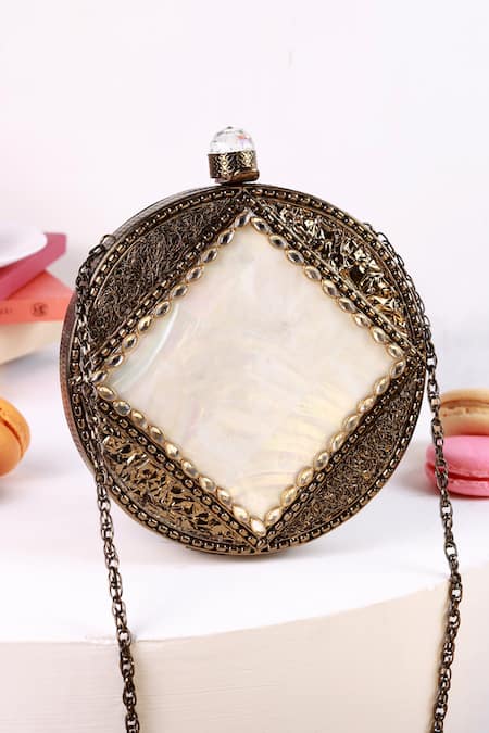 The Tan Clan Gold Crystals, Stones, Chains Seren Brass Clutch 