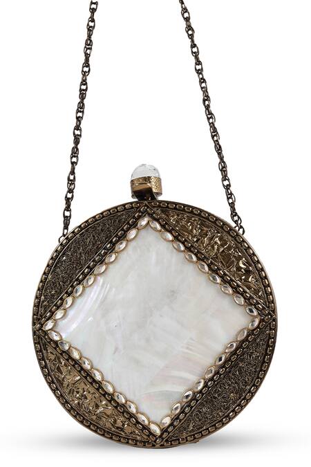 The Tan Clan Gold Crystals, Stones, Chains Seren Brass Clutch at Aza Fashions The Tan Clan_Gold Crystals, Stones, Chains Seren Brass Clutch _at_Aza_Fashions