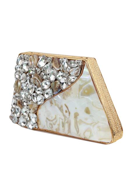 The Tan Clan_Gold Crystals, Stones Vixi Embellished Brass Clutch _Online_at_Aza_Fashions