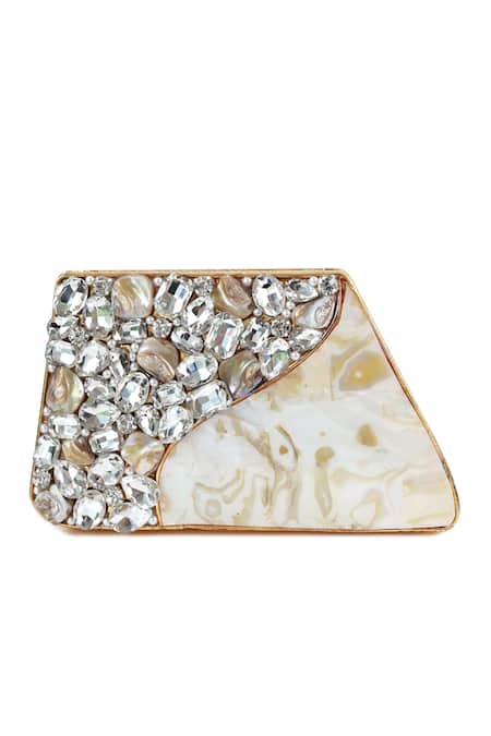 Shop_The Tan Clan_Gold Crystals, Stones Vixi Embellished Brass Clutch _Online_at_Aza_Fashions