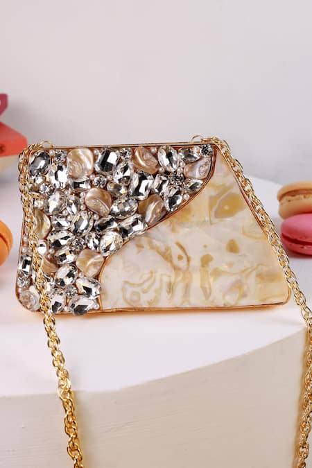 The Tan Clan Gold Crystals, Stones Vixi Embellished Brass Clutch 