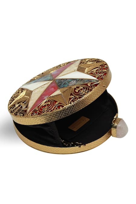 The Tan Clan_Gold Gemstones Jane Brass Clutch _Online_at_Aza_Fashions