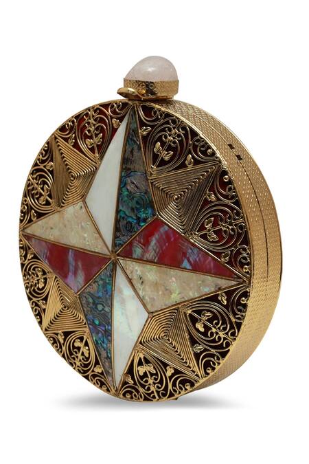 Shop_The Tan Clan_Gold Gemstones Jane Brass Clutch _Online_at_Aza_Fashions