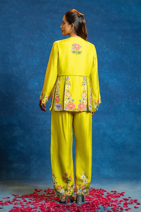 Shop_Soup By Sougat Paul_Yellow Silk Zari, Sequins, Embroidery V-neck Rangtara And Embellished Peplum Set _at_Aza_Fashions