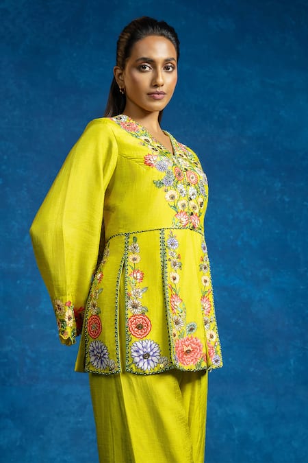 Buy_Soup By Sougat Paul_Yellow Silk Zari, Sequins, Embroidery V-neck Rangtara And Embellished Peplum Set _Online_at_Aza_Fashions
