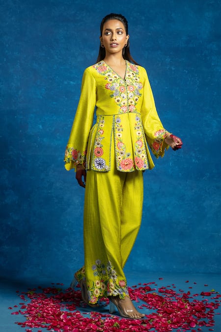 Soup By Sougat Paul Yellow Silk Zari, Sequins, Embroidery V-neck Rangtara And Embellished Peplum Set 