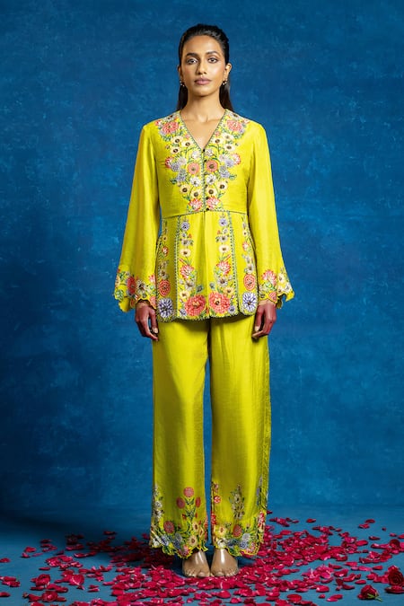 Shop_Soup By Sougat Paul_Yellow Silk Zari, Sequins, Embroidery V-neck Rangtara And Embellished Peplum Set _Online_at_Aza_Fashions