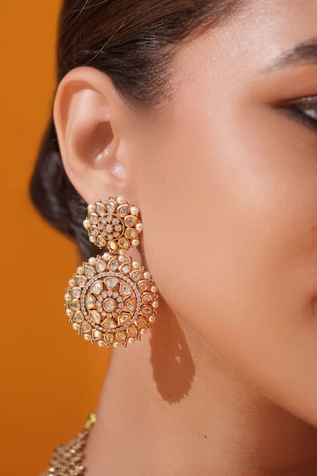 Zevar By Geeta_Gold Plated Stones, Pearls Circular Pendant Neckace Set _Online_at_Aza_Fashions