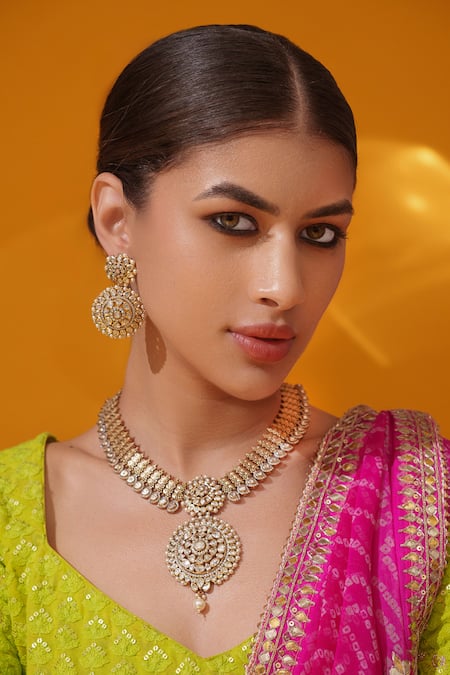 Buy_Zevar By Geeta_Gold Plated Stones, Pearls Circular Pendant Neckace Set _Online_at_Aza_Fashions