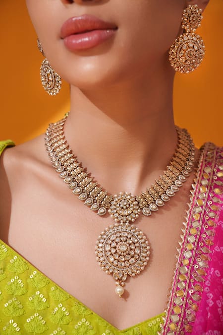 Shop_Zevar By Geeta_Gold Plated Stones, Pearls Circular Pendant Neckace Set _Online_at_Aza_Fashions