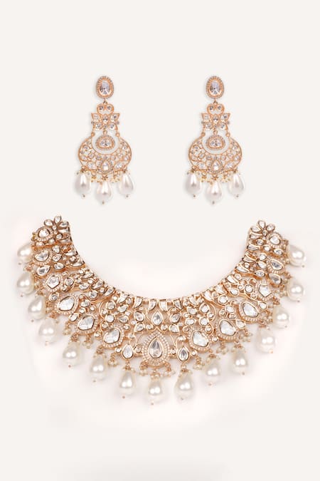 Zevar By Geeta Gold Plated Stones, Pearls Kundan And Polki Necklace Set 