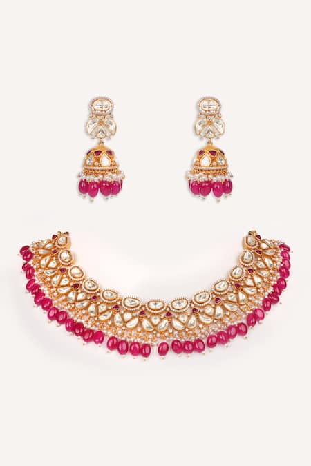 Shop Zevar By Geeta Gold Plated Pearls, Stones Red Drop Necklace Set at Aza Fashions Shop_Zevar By Geeta_Gold Plated Pearls, Stones Red Drop Necklace Set _at_Aza_Fashions