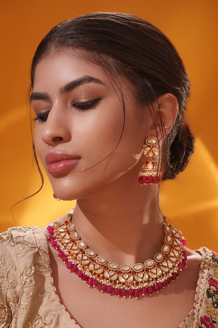 Buy Zevar By Geeta Gold Plated Pearls, Stones Red Drop Necklace Set Online at Aza Fashions Buy_Zevar By Geeta_Gold Plated Pearls, Stones Red Drop Necklace Set _Online_at_Aza_Fashions