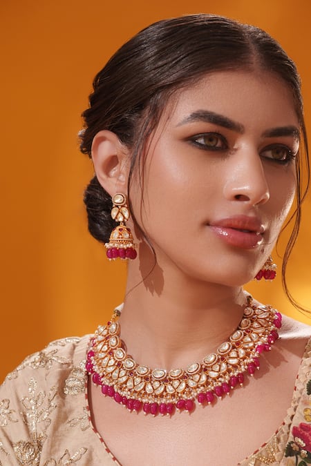 Zevar By Geeta Red Stone Drop Necklace Set 