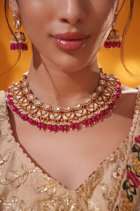 Zevar By Geeta Gold Plated Pearls, Stones Red Drop Necklace Set at Aza Fashions Zevar By Geeta_Gold Plated Pearls, Stones Red Drop Necklace Set _at_Aza_Fashions