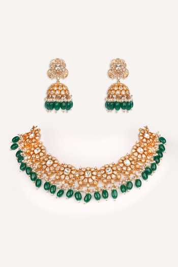 Shop Zevar By Geeta Gold Plated Beads, Pearls, Stones Green Drop Necklace Set at Aza Fashions Shop_Zevar By Geeta_Gold Plated Beads, Pearls, Stones Green Drop Necklace Set _at_Aza_Fashions