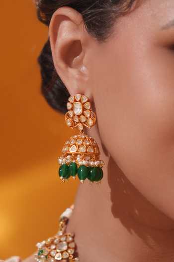 Zevar By Geeta Gold Plated Beads, Pearls, Stones Green Drop Necklace Set Online at Aza Fashions Zevar By Geeta_Gold Plated Beads, Pearls, Stones Green Drop Necklace Set _Online_at_Aza_Fashions