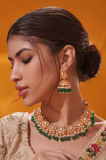 Shop Zevar By Geeta Gold Plated Beads, Pearls, Stones Green Drop Necklace Set Online at Aza Fashions Shop_Zevar By Geeta_Gold Plated Beads, Pearls, Stones Green Drop Necklace Set _Online_at_Aza_Fashions