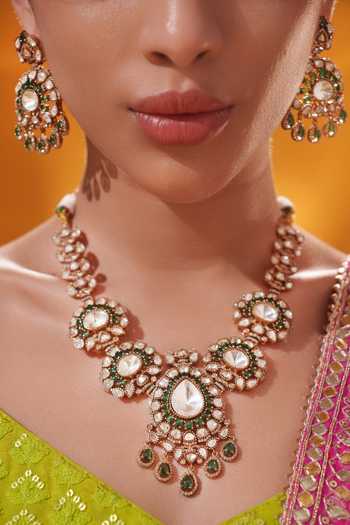 Shop Zevar By Geeta Green Stones, Beads Kundan Embellished Neckalce With Earrings Online at Aza Fashions Shop_Zevar By Geeta_Green Stones, Beads Kundan Embellished Neckalce With Earrings _Online_at_Aza_Fashions
