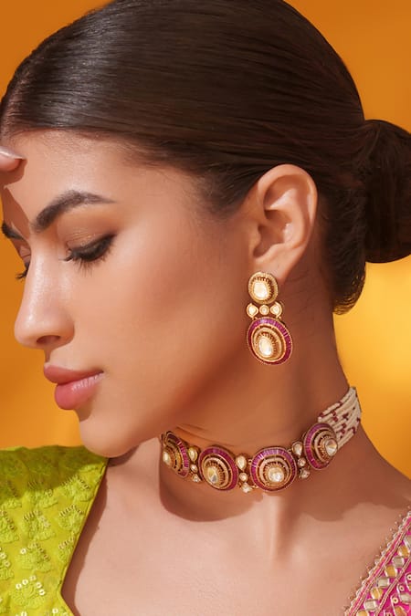 Zevar By Geeta Gold Plated Stones Red Studded Choker Set Online at Aza Fashions Zevar By Geeta_Gold Plated Stones Red Studded Choker Set _Online_at_Aza_Fashions