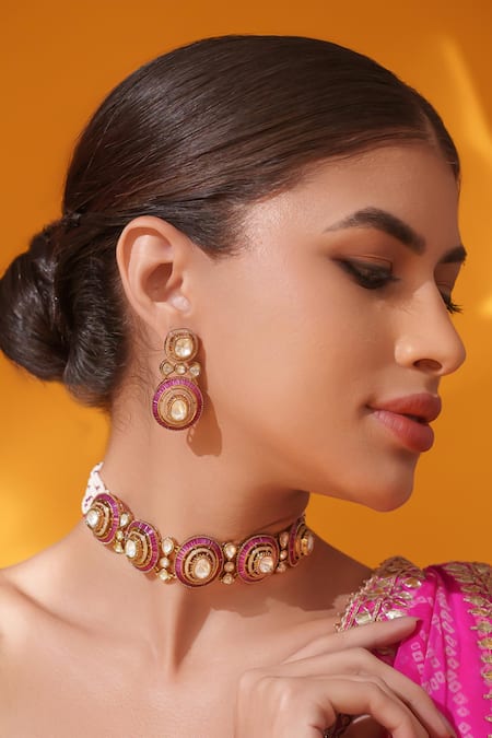 Shop Zevar By Geeta Gold Plated Stones Red Studded Choker Set Online at Aza Fashions Shop_Zevar By Geeta_Gold Plated Stones Red Studded Choker Set _Online_at_Aza_Fashions